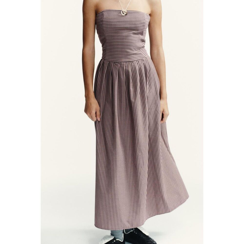 NWT ZARA GINGHAM CHECK STRAPLESS MIDI DRESS